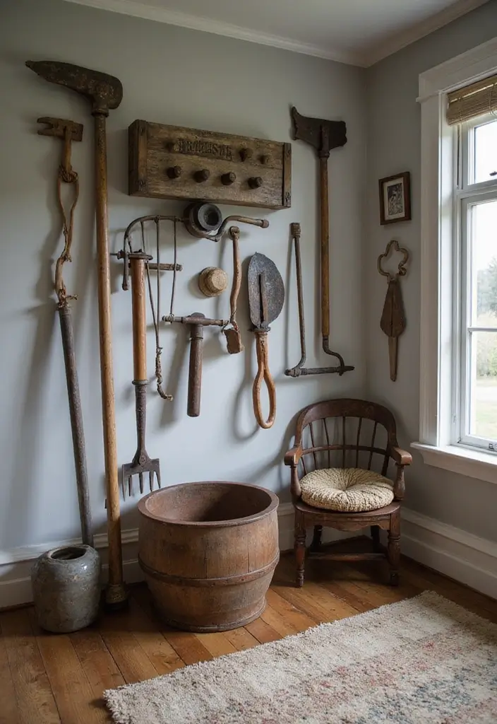 25 Tractor Bedroom Ideas for Little Boys Who Love Wheels - 18. Vintage Farm Tools as Decor
