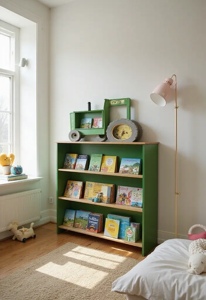 25 Tractor Bedroom Ideas for Little Boys Who Love Wheels - 22. Tractor-Themed Bookshelf